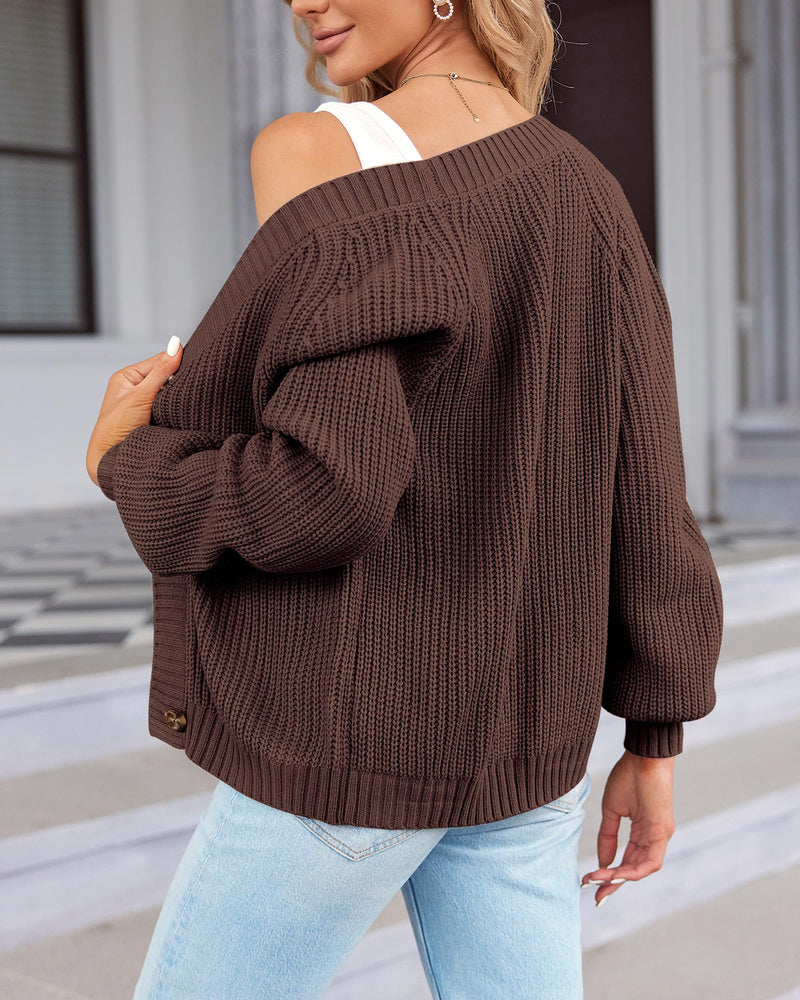Zeagoo Women's 2023 Fall Chunky Knit Cardigans Open Front Long Sleeve V Neck Button Loose Cardigan Sweaters-tidenox