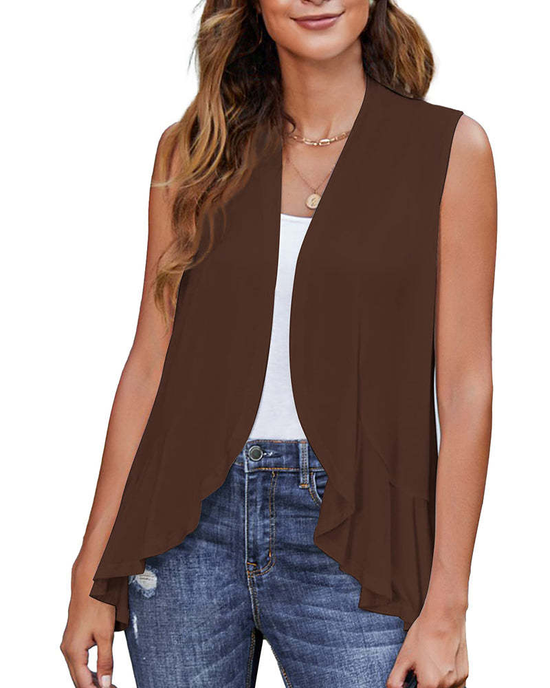 Women's Sleeveless Draped Open Front Cardigan Ruffles Hem Vest - Zeagoo (Us Only)-tidenox