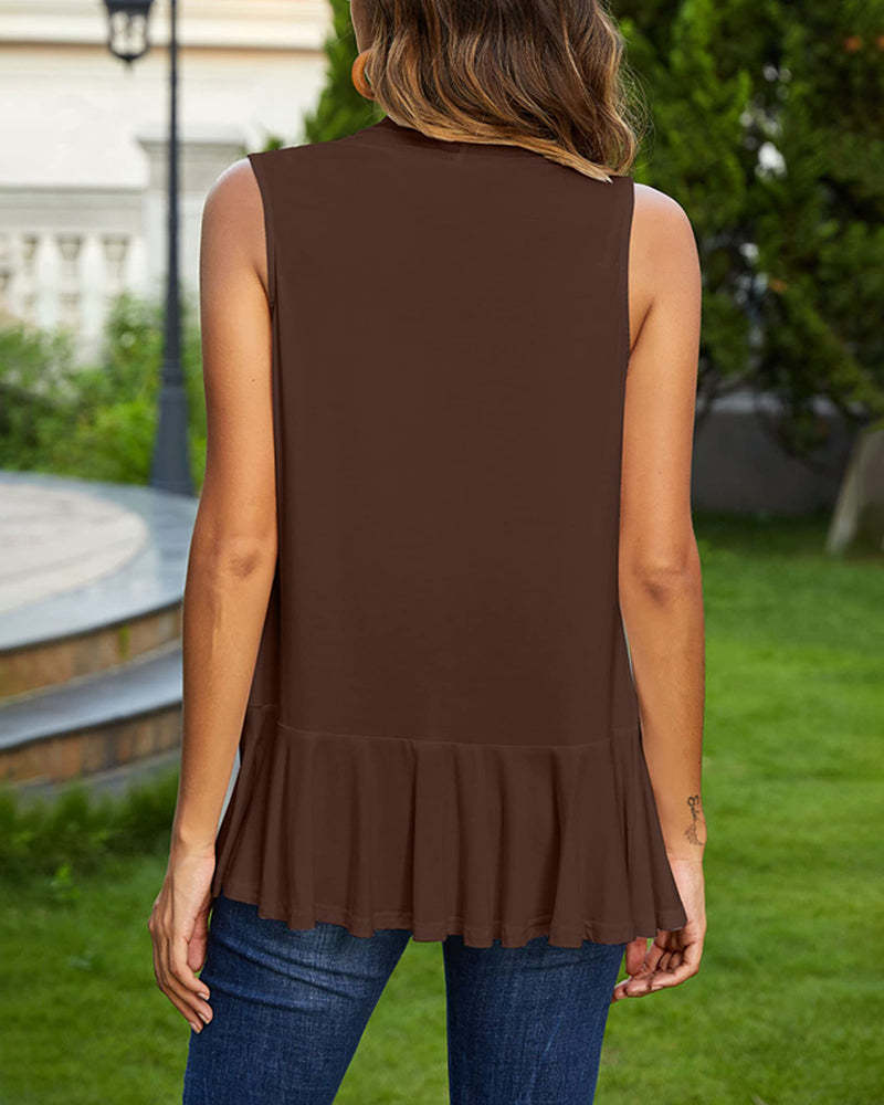 Women's Sleeveless Draped Open Front Cardigan Ruffles Hem Vest - Zeagoo (Us Only)-tidenox