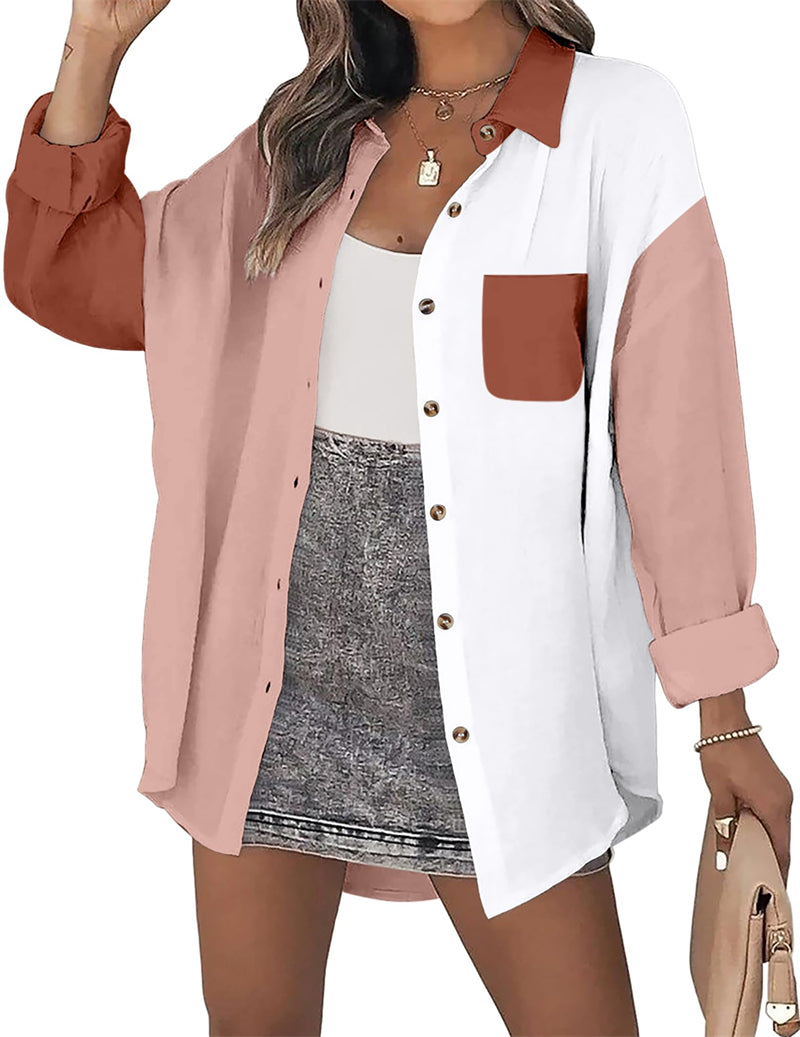Color Block Button Down Shirts Long Sleeve Linen Shirt-Zeagoo-tidenox