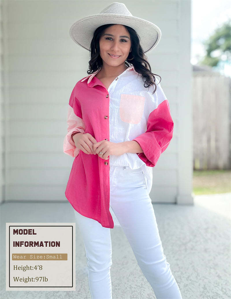 Color Block Button Down Shirts Long Sleeve Linen Shirt-Zeagoo-tidenox