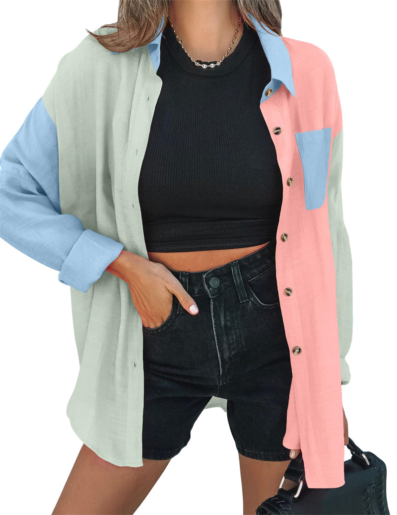 Color Block Button Down Shirts Long Sleeve Linen Shirt-Zeagoo-tidenox