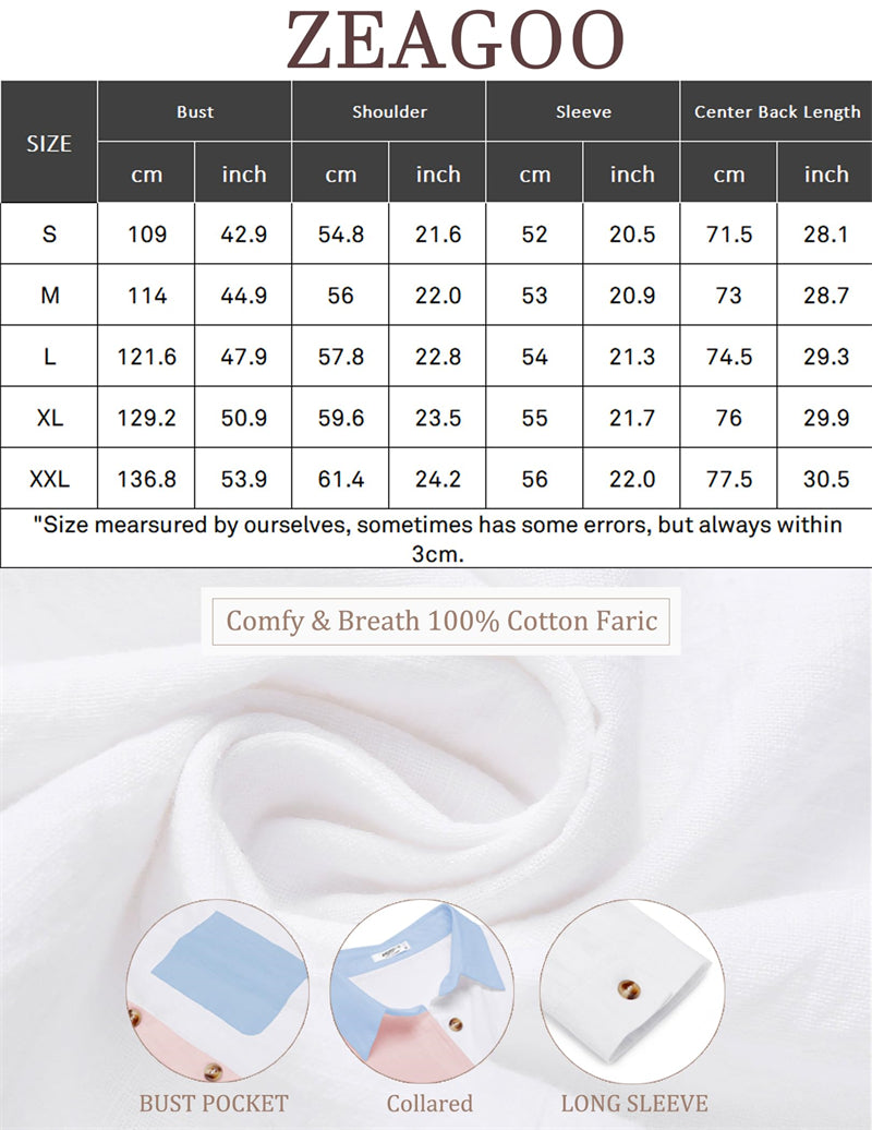 Color Block Button Down Shirts Long Sleeve Linen Shirt-Zeagoo-tidenox