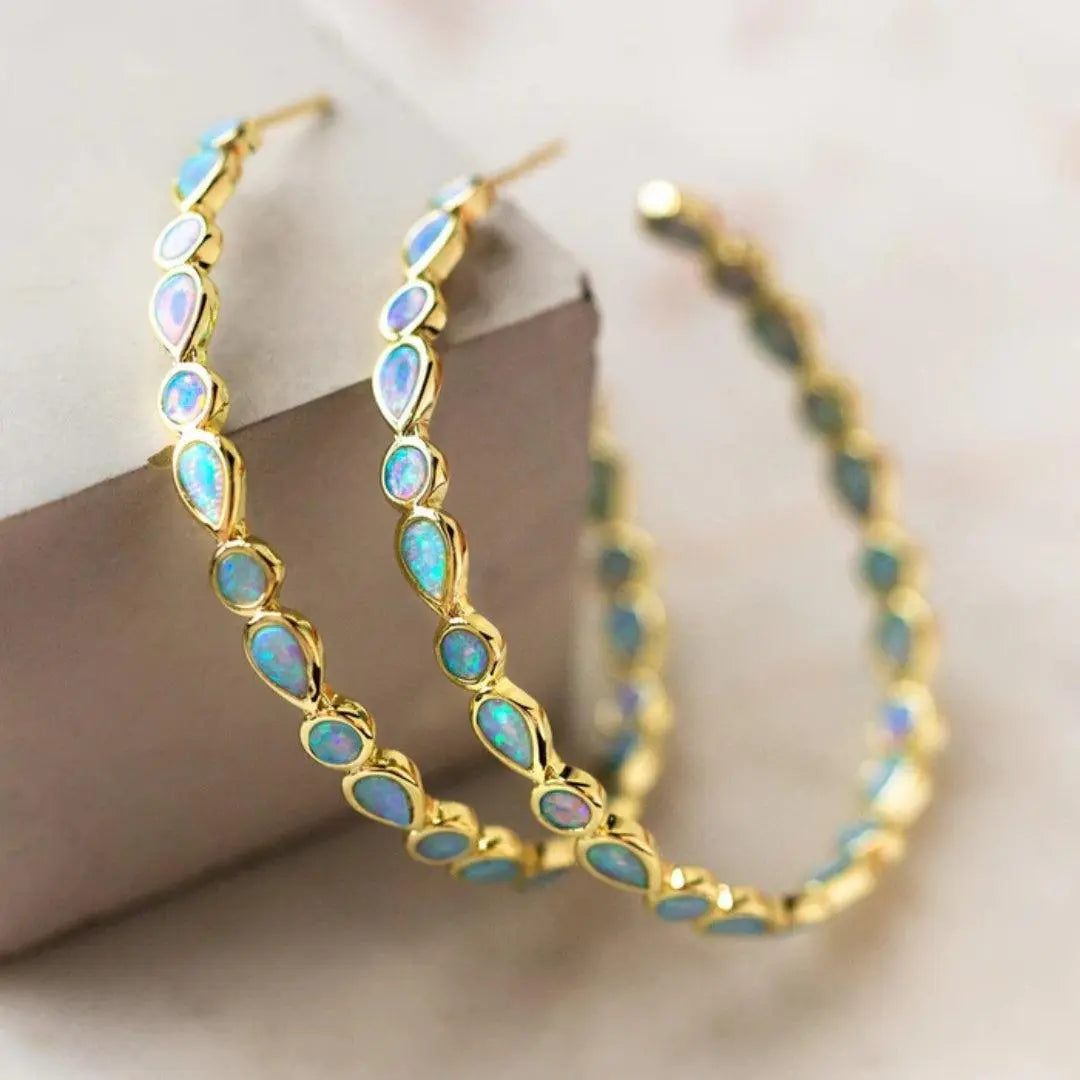 Retro Blue Opal Gold Earrings-tidenox