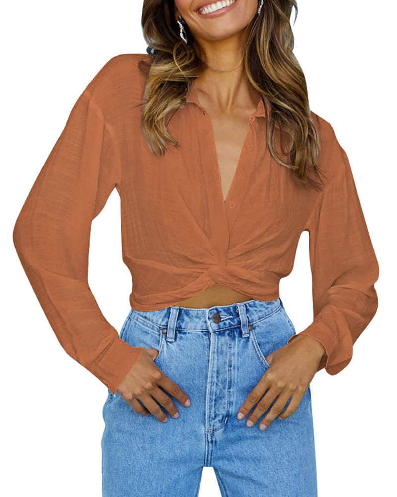 Zeagoo Women's V Neck Twist Hem Blouse Long Sleeve Crop Top Casual Button Shirts-tidenox