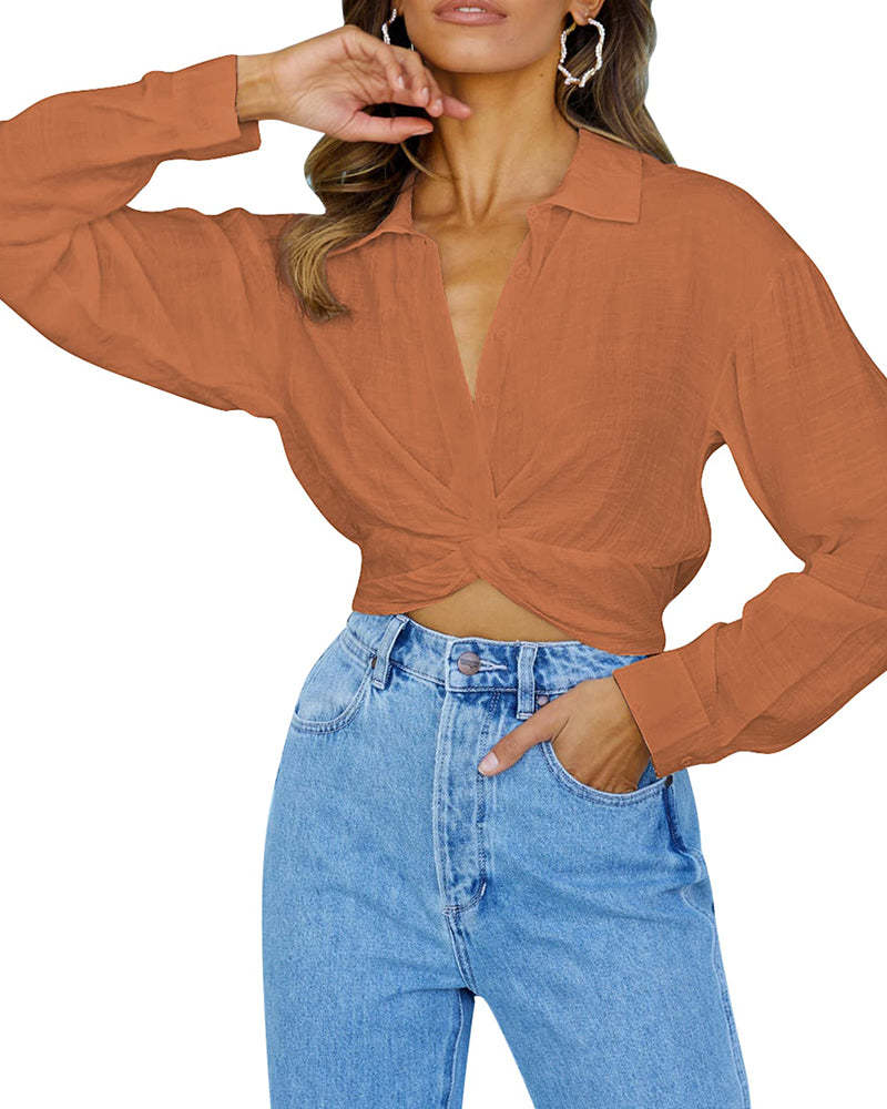 Zeagoo Women's V Neck Twist Hem Blouse Long Sleeve Crop Top Casual Button Shirts-tidenox