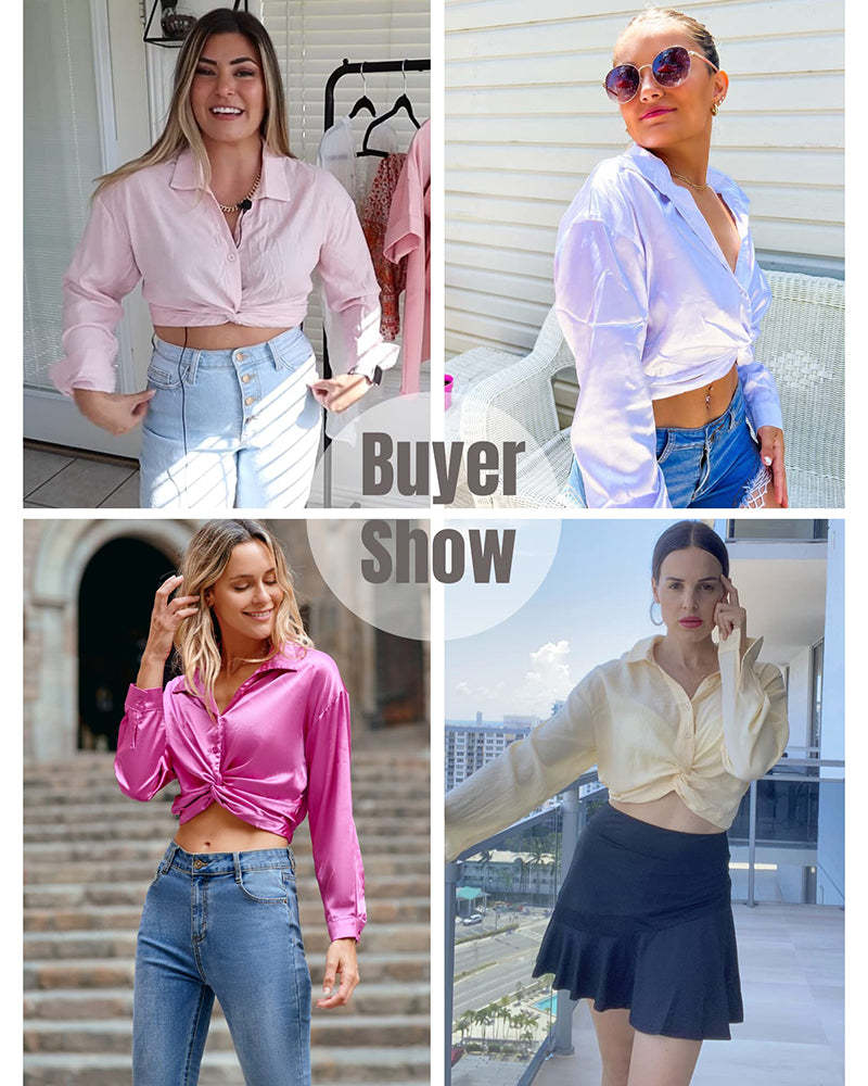 Zeagoo Women's V Neck Twist Hem Blouse Long Sleeve Crop Top Casual Button Shirts-tidenox