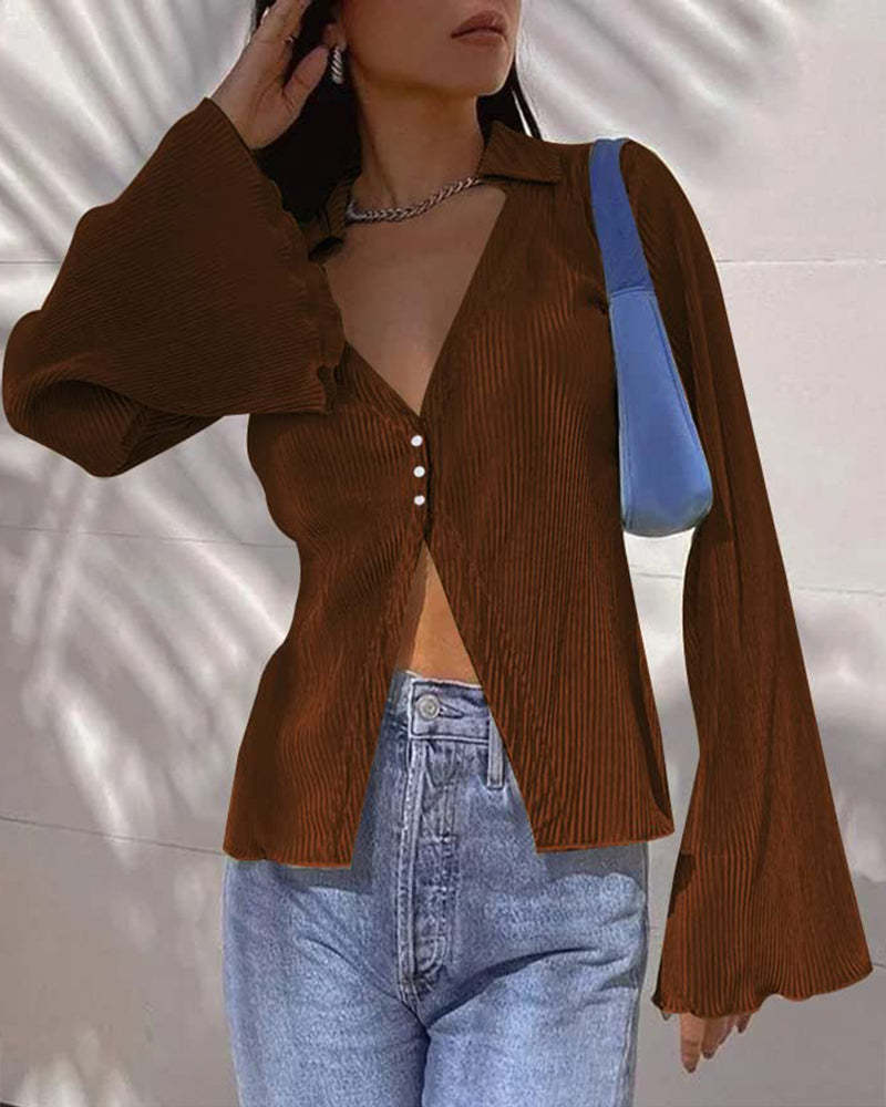 Women's Deep V Neck Shirt Button Front Blouse Bell Long Sleeve Tops - Zeagoo (Us Only)-tidenox