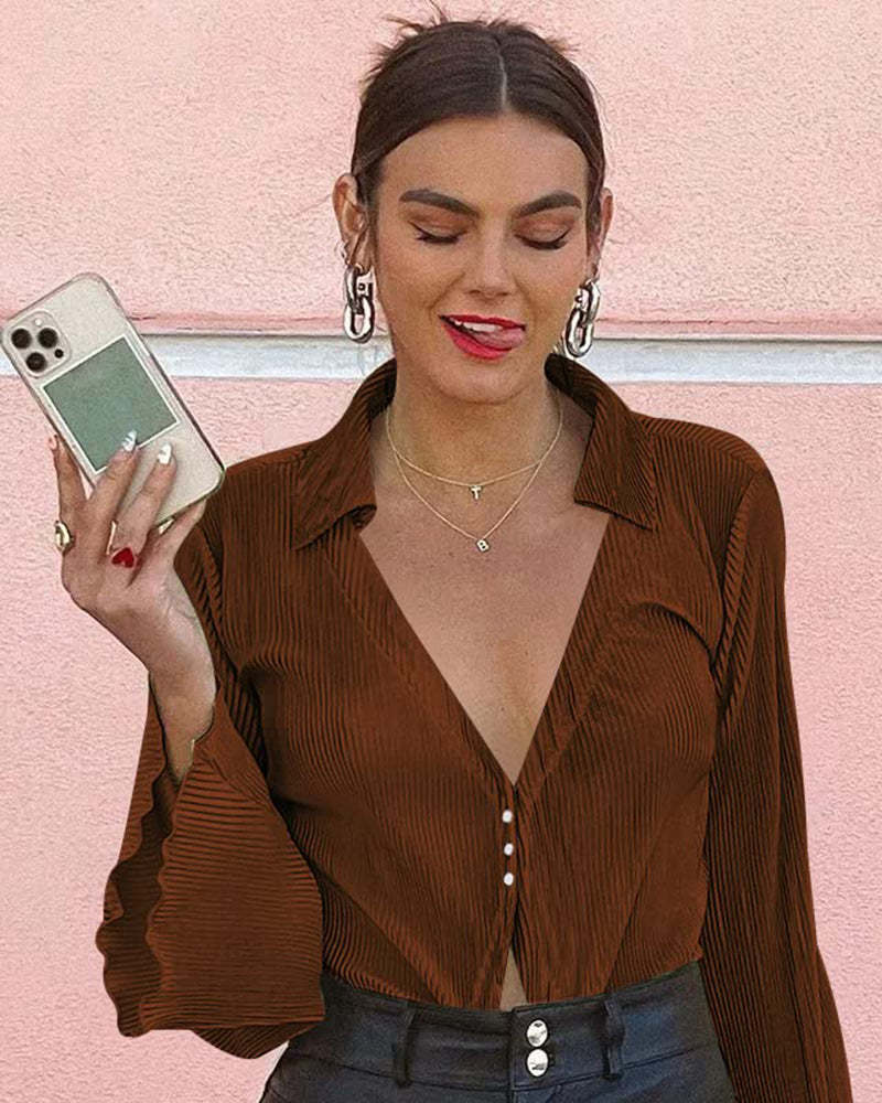 Women's Deep V Neck Shirt Button Front Blouse Bell Long Sleeve Tops - Zeagoo (Us Only)-tidenox