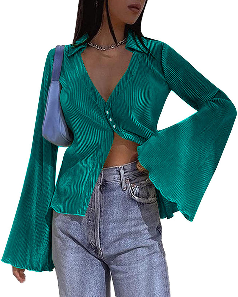 Women's Deep V Neck Shirt Button Front Blouse Bell Long Sleeve Tops - Zeagoo (Us Only)-tidenox