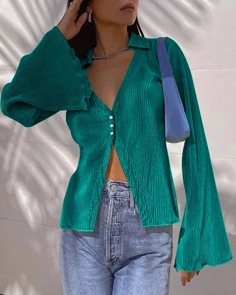 Women's Deep V Neck Shirt Button Front Blouse Bell Long Sleeve Tops - Zeagoo (Us Only)-tidenox