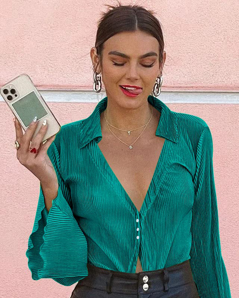 Women's Deep V Neck Shirt Button Front Blouse Bell Long Sleeve Tops - Zeagoo (Us Only)-tidenox