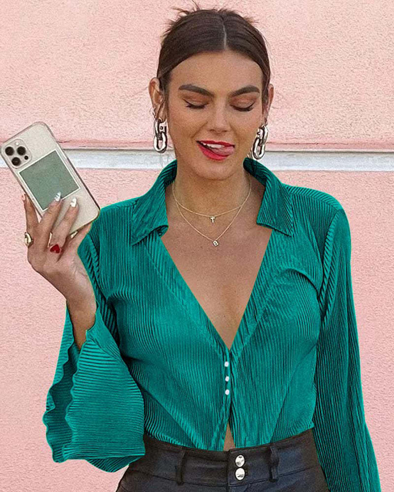 Women's Deep V Neck Shirt Button Front Blouse Bell Long Sleeve Tops - Zeagoo (Us Only)-tidenox