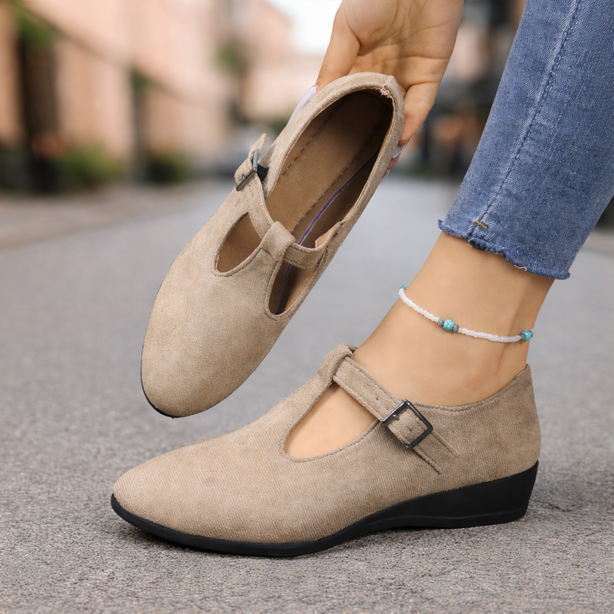 Women’s Casual Vintage Pointed-Toe Wedge Loafer with Buckle Strap