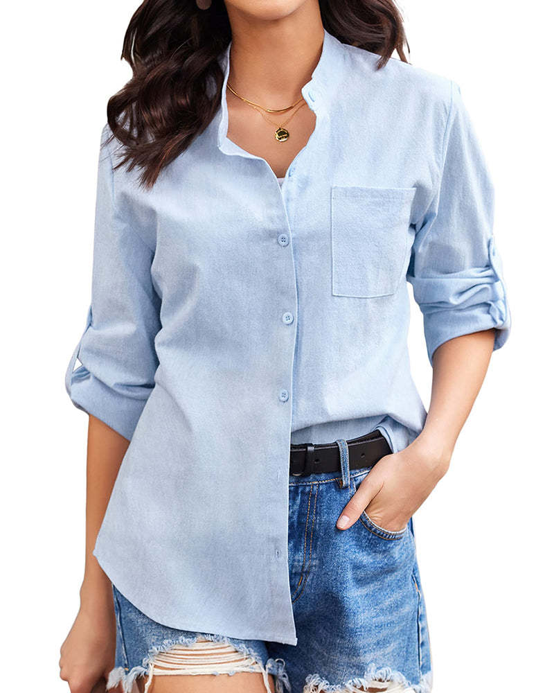 Women Cotton Linen Shirts Beach V Neck Roll Up Sleeve Button Down Blouses Shirts Summer Casual Dress Tops - Zeagoo (Us Only)-tidenox
