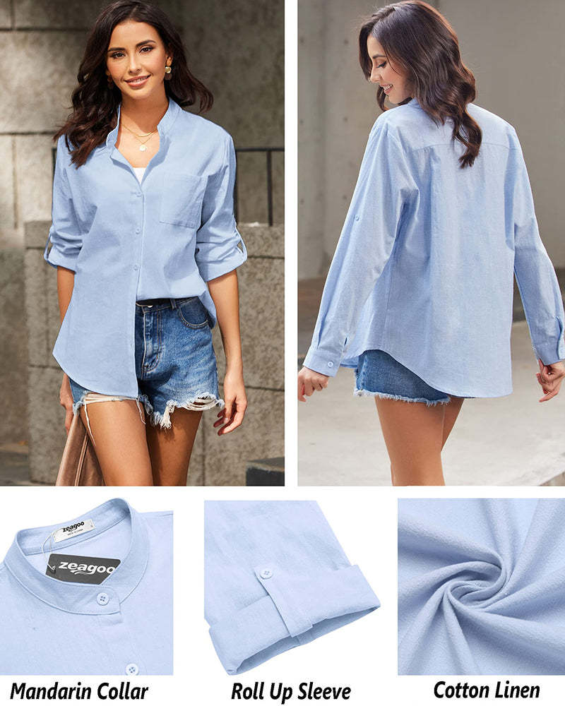 Women Cotton Linen Shirts Beach V Neck Roll Up Sleeve Button Down Blouses Shirts Summer Casual Dress Tops - Zeagoo (Us Only)-tidenox