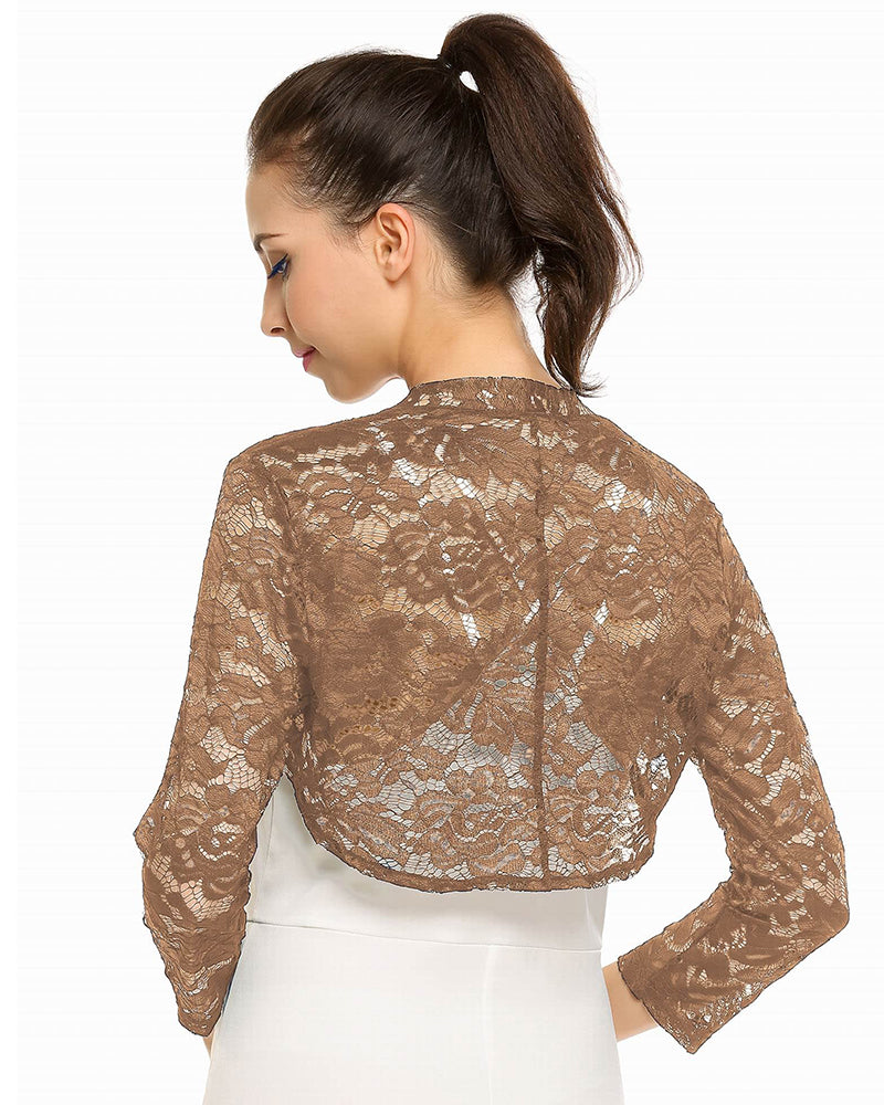 Women's 3 4 Sleeve Bolero Shrugs Crochet Lace Open Cardigan - Zeagoo (Us Only)-tidenox