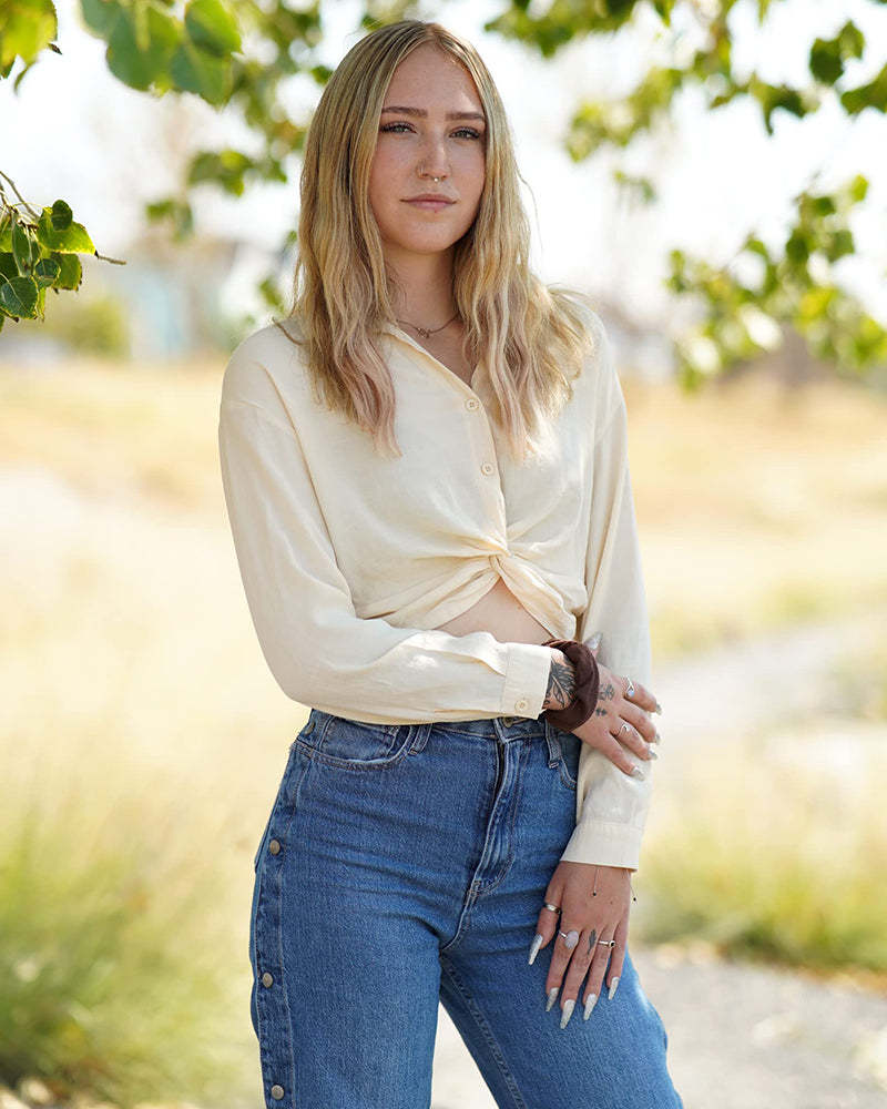 Zeagoo Women's V Neck Twist Hem Blouse Long Sleeve Crop Top Casual Button Shirts-tidenox