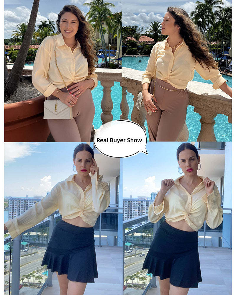 Zeagoo Women's V Neck Twist Hem Blouse Long Sleeve Crop Top Casual Button Shirts-tidenox