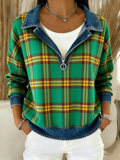 Clearance Sale 🔥 Women's Vintage Plaid Denim Patchwork Half-Zip Top