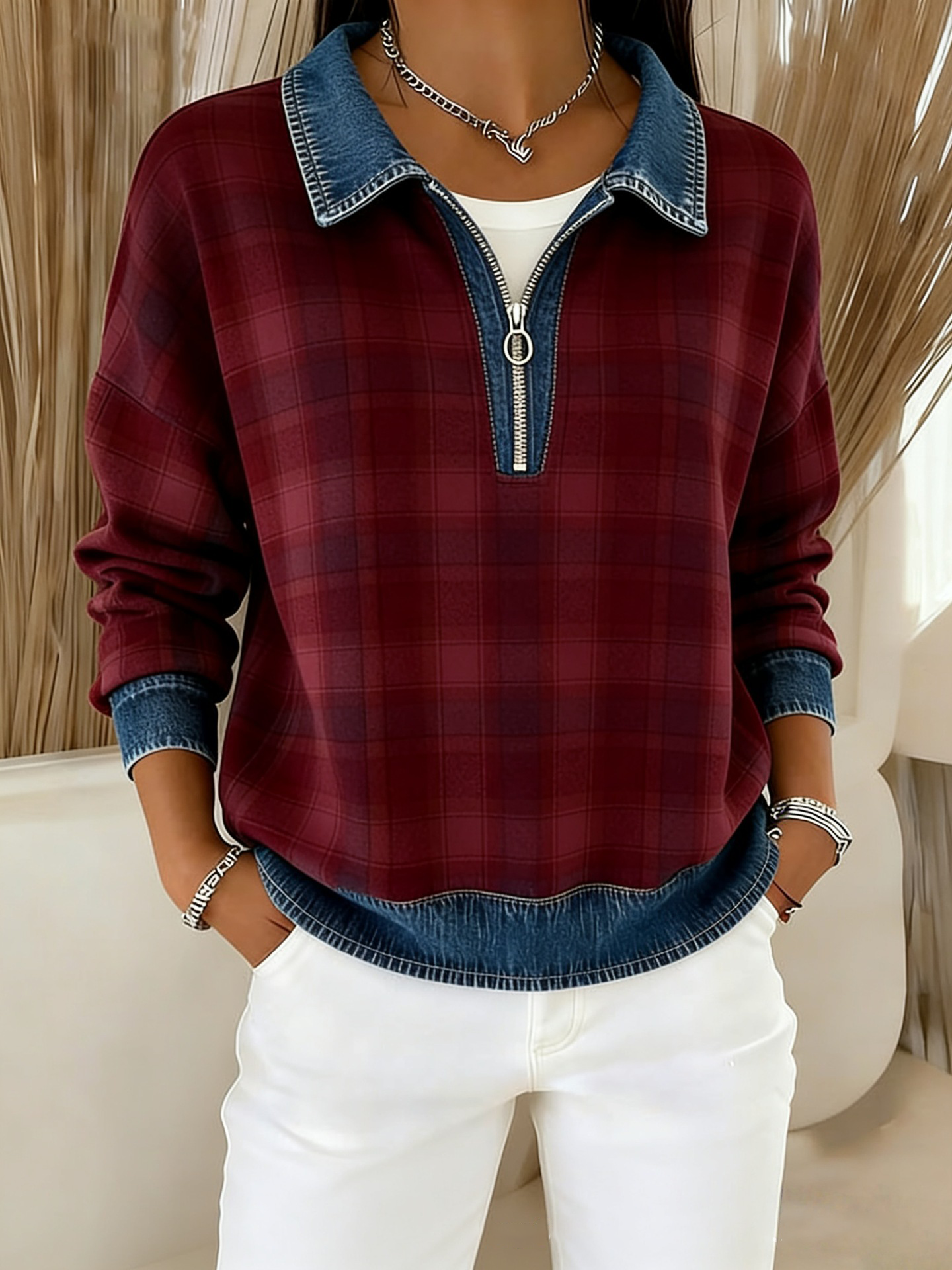 Clearance Sale 🔥 Women's Vintage Plaid Denim Patchwork Half-Zip Top