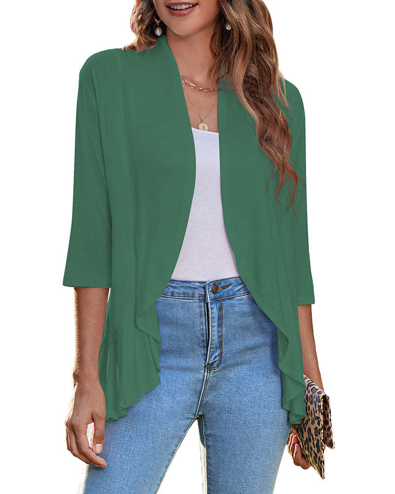 Women's Open Front Cardigan 3/4 Sleeve Draped Ruffles Soft Knit Sweaters - Zeagoo (Us Only)-tidenox