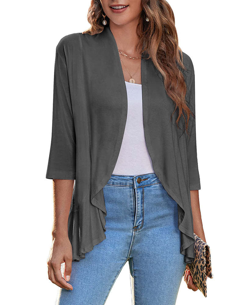 Women's Open Front Cardigan 3/4 Sleeve Draped Ruffles Soft Knit Sweaters - Zeagoo (Us Only)-tidenox