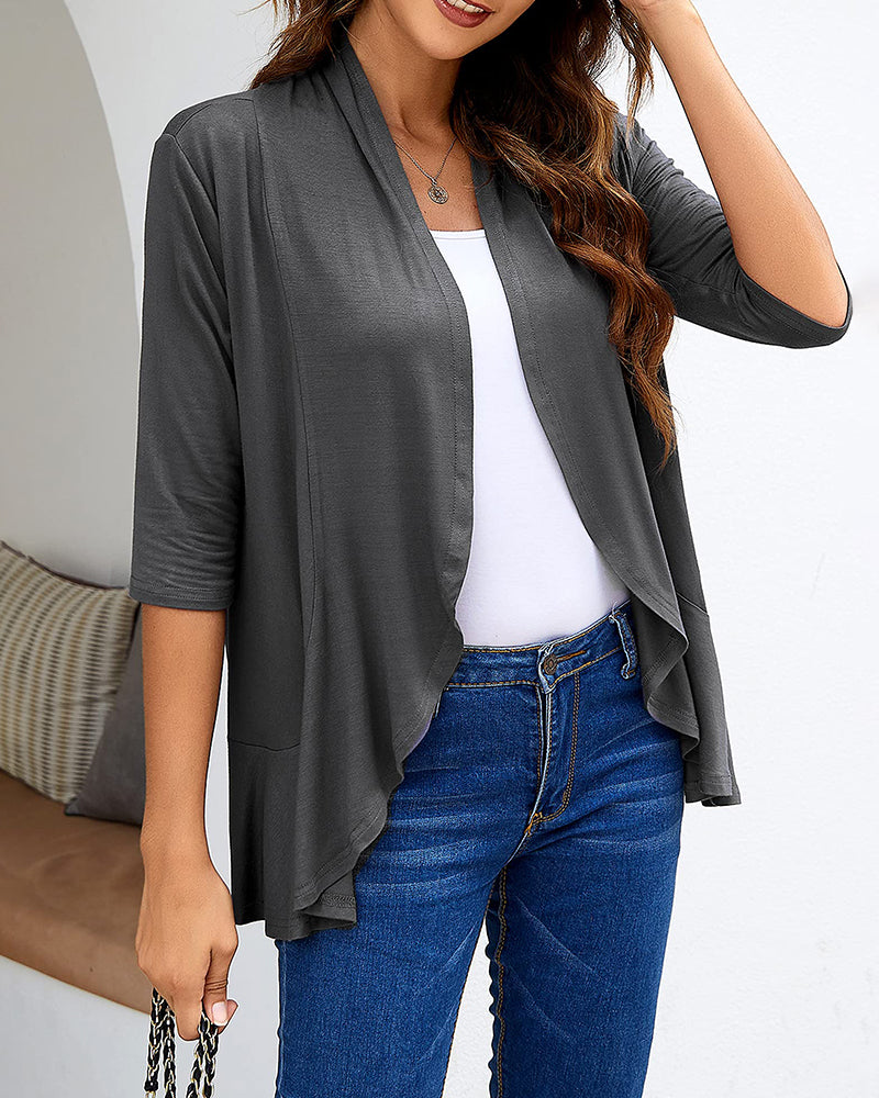 Women's Open Front Cardigan 3/4 Sleeve Draped Ruffles Soft Knit Sweaters - Zeagoo (Us Only)-tidenox