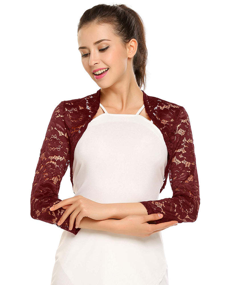 Women's 3 4 Sleeve Bolero Shrugs Crochet Lace Open Cardigan - Zeagoo (Us Only)-tidenox