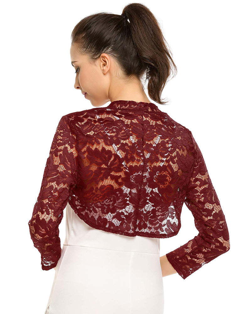 Women's 3 4 Sleeve Bolero Shrugs Crochet Lace Open Cardigan - Zeagoo (Us Only)-tidenox