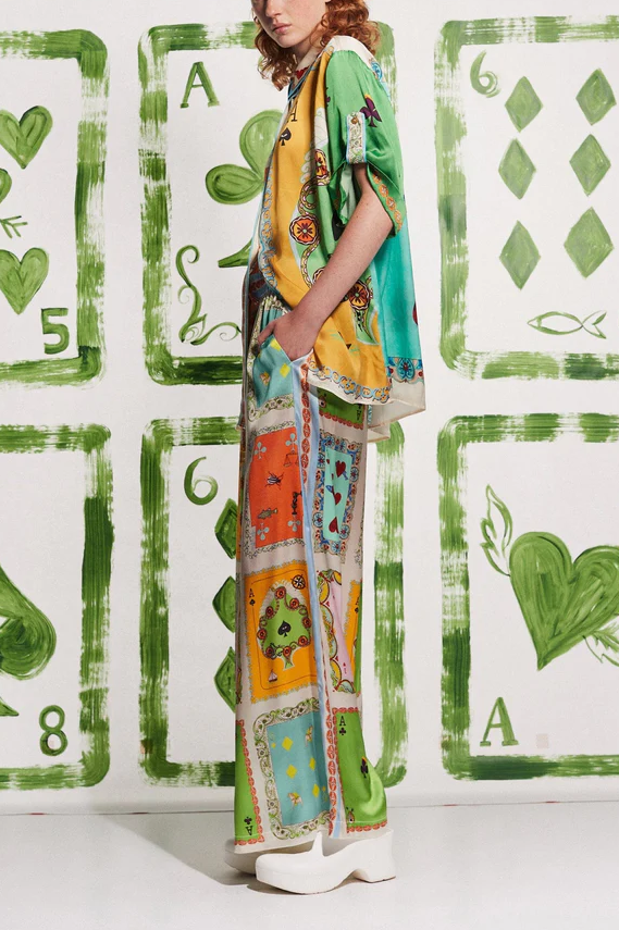 Funny Poker Summer Satin Unique Print Button Down Oversized Blouse-tidenox