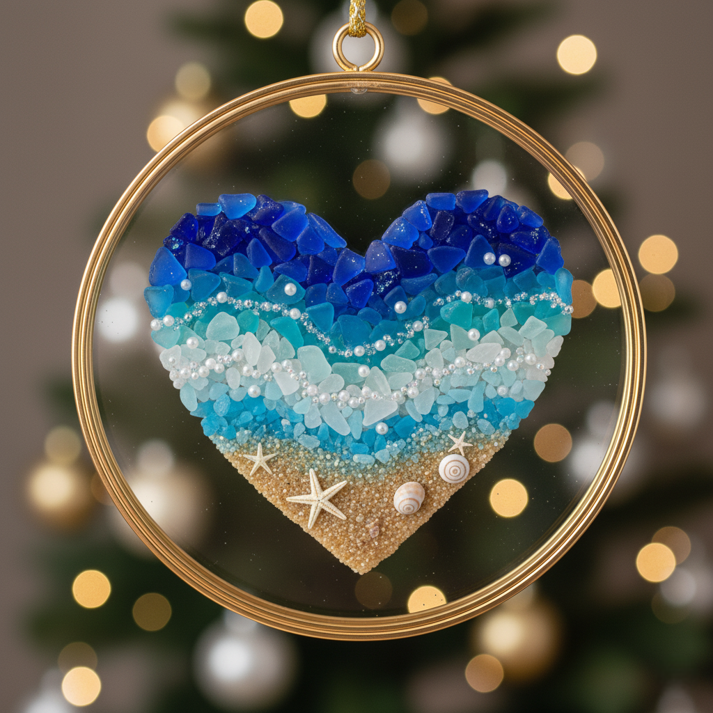 💙🌊 Sea Glass Heart Ornament – Handmade Coastal Christmas Decoration-tidenox