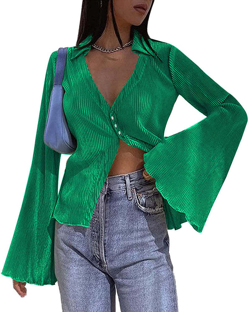 Women's Deep V Neck Shirt Button Front Blouse Bell Long Sleeve Tops - Zeagoo (Us Only)-tidenox