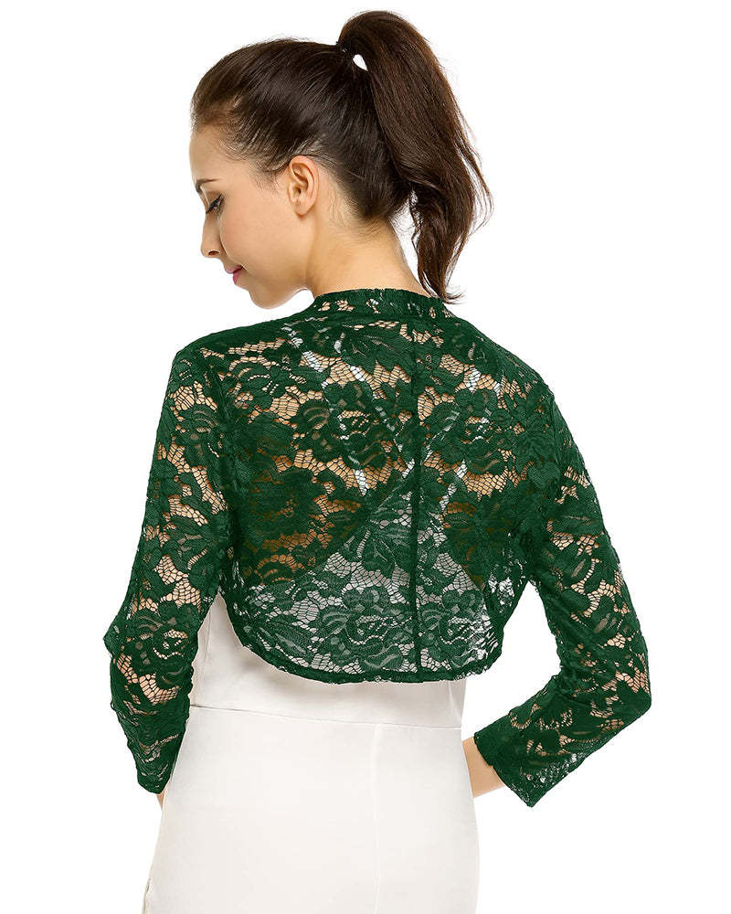 Women's 3 4 Sleeve Bolero Shrugs Crochet Lace Open Cardigan - Zeagoo (Us Only)-tidenox