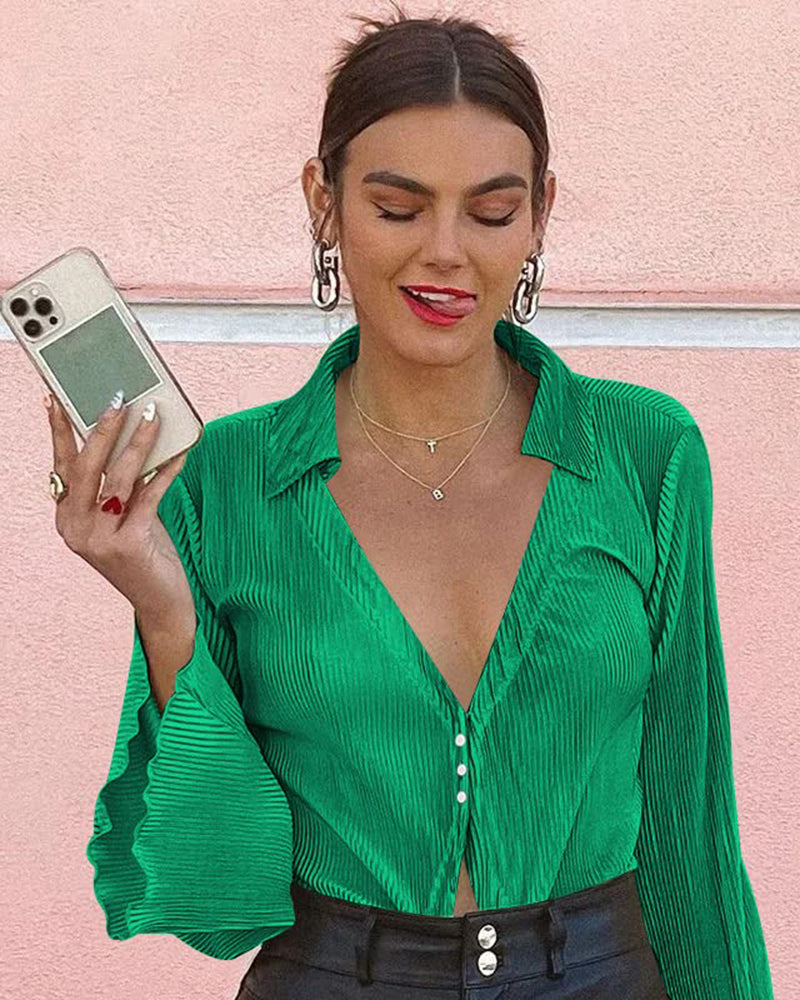 Women's Deep V Neck Shirt Button Front Blouse Bell Long Sleeve Tops - Zeagoo (Us Only)-tidenox