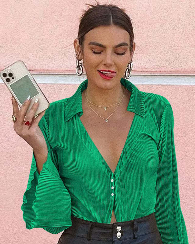 Women's Deep V Neck Shirt Button Front Blouse Bell Long Sleeve Tops - Zeagoo (Us Only)-tidenox