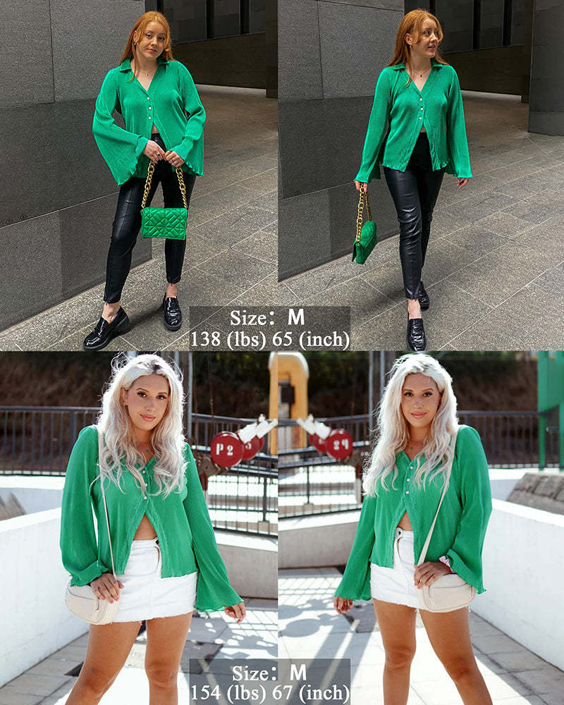 Women's Deep V Neck Shirt Button Front Blouse Bell Long Sleeve Tops - Zeagoo (Us Only)-tidenox