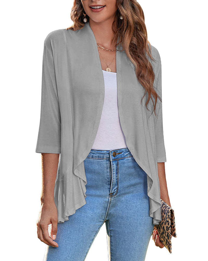 Women's Open Front Cardigan 3/4 Sleeve Draped Ruffles Soft Knit Sweaters - Zeagoo (Us Only)-tidenox