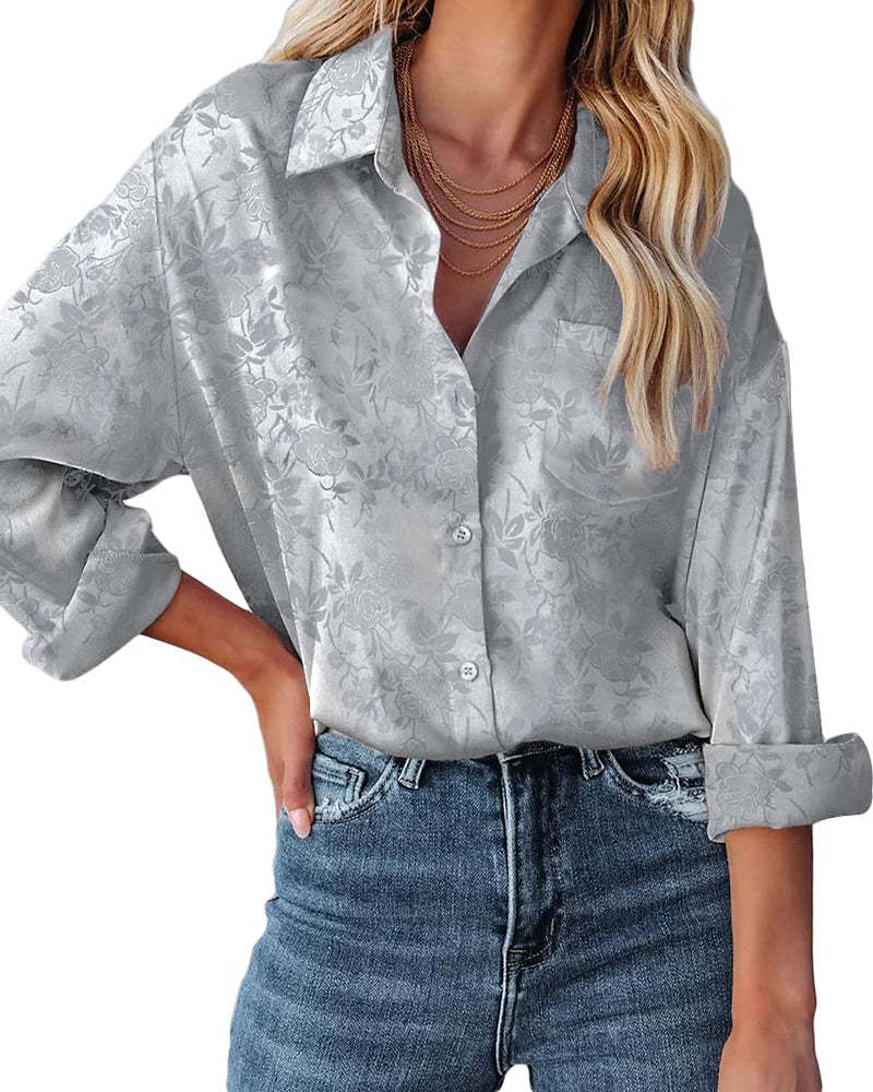 Satin Silk Shirt Floral Button Down Blouse - Zeagoo (Us Only)-tidenox