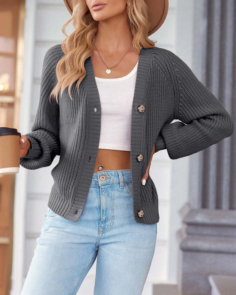 Zeagoo Women's 2023 Fall Chunky Knit Cardigans Open Front Long Sleeve V Neck Button Loose Cardigan Sweaters-tidenox