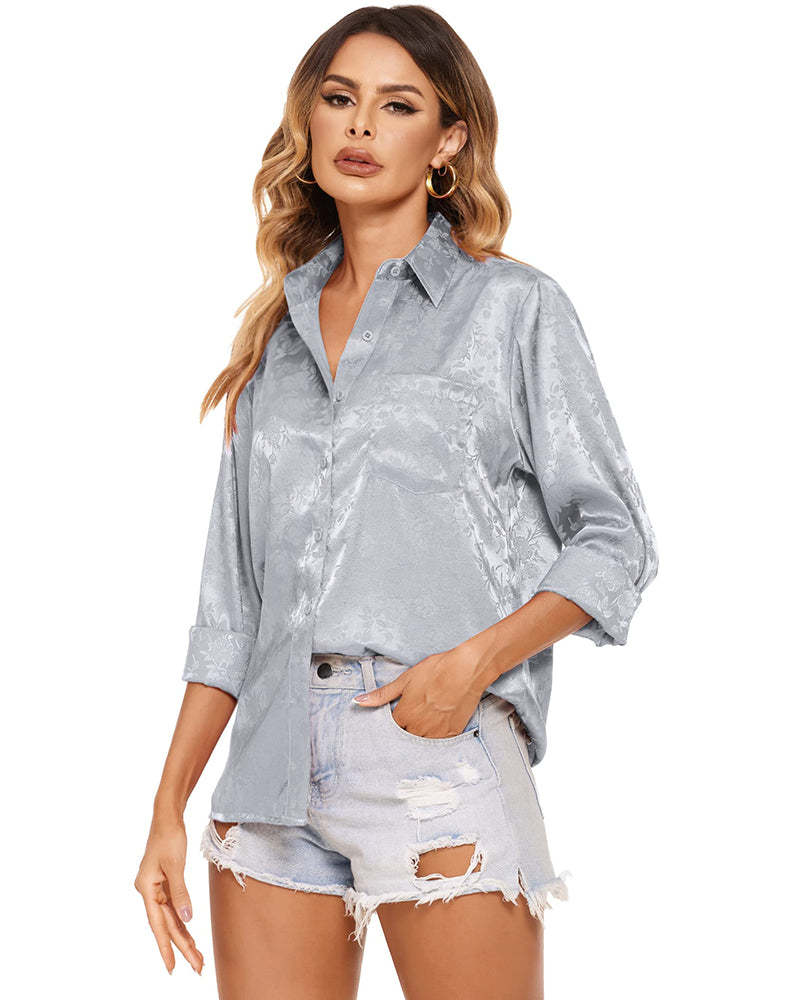 Satin Silk Shirt Floral Button Down Blouse - Zeagoo (Us Only)-tidenox