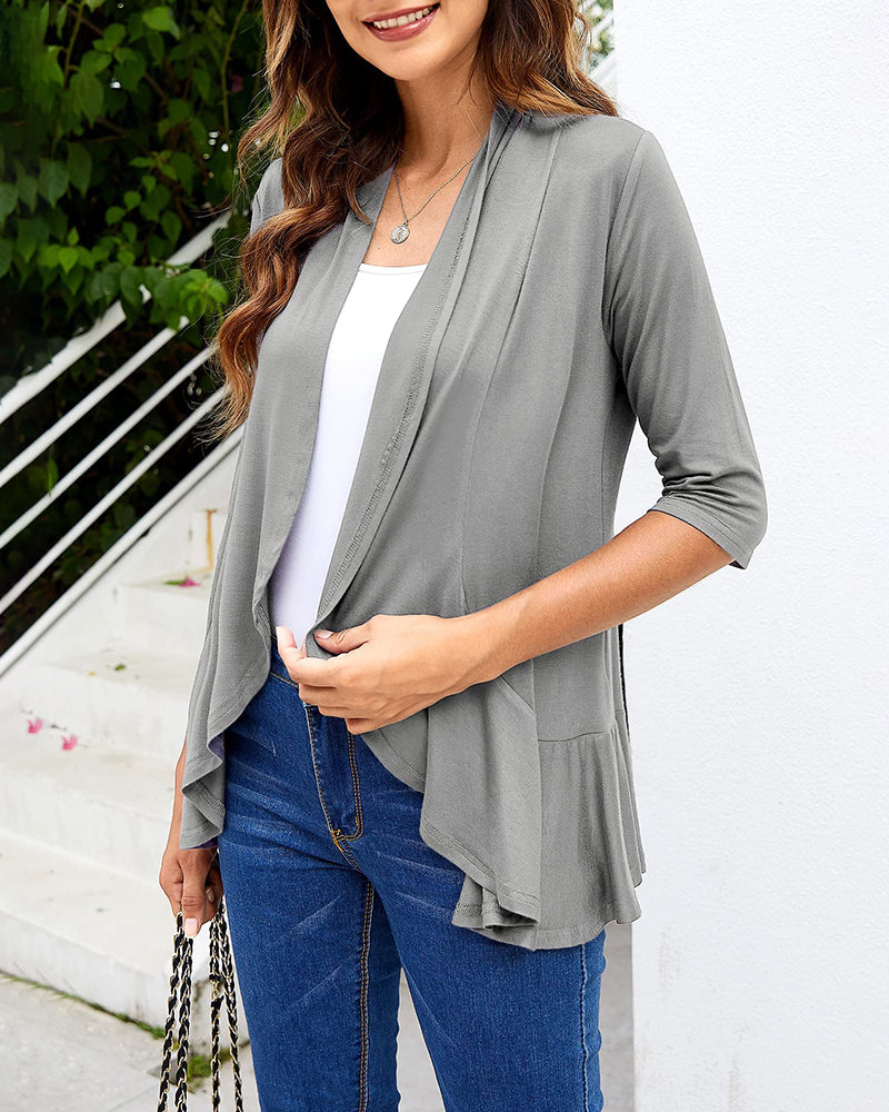 Women's Open Front Cardigan 3/4 Sleeve Draped Ruffles Soft Knit Sweaters - Zeagoo (Us Only)-tidenox