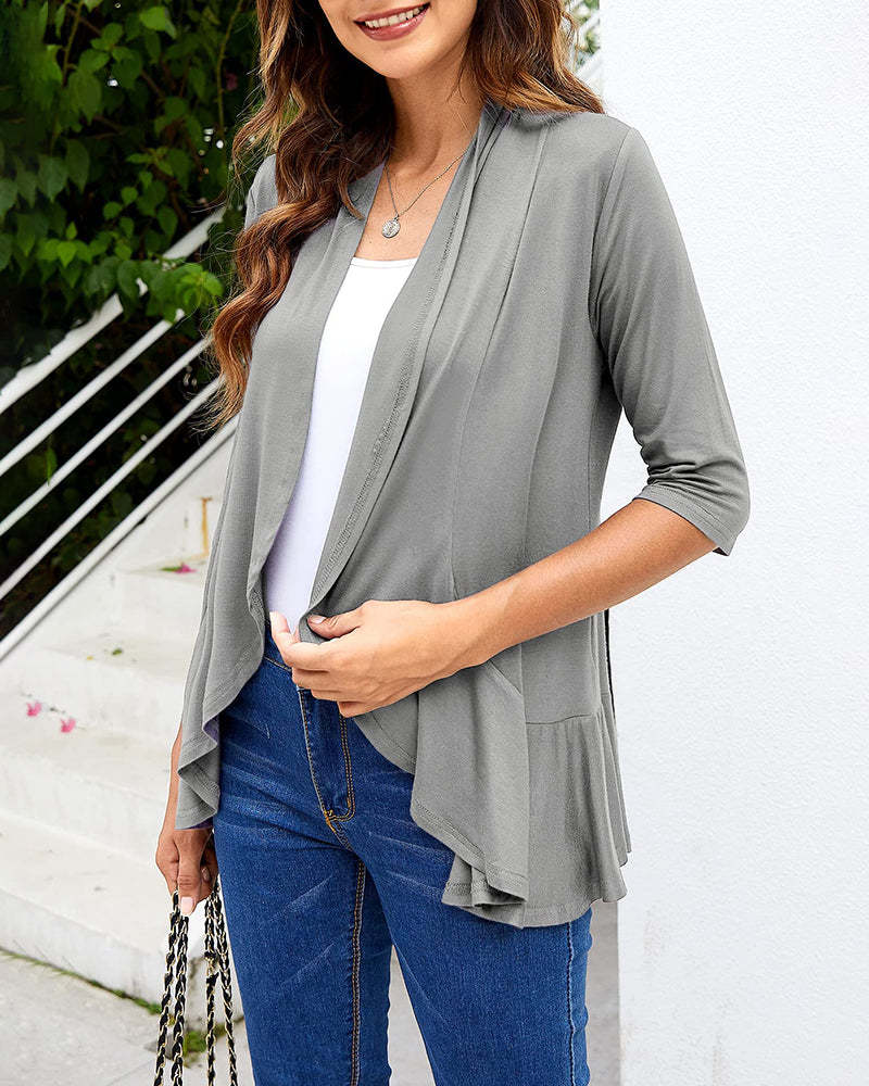 Women's Open Front Cardigan 3/4 Sleeve Draped Ruffles Soft Knit Sweaters - Zeagoo (Us Only)-tidenox