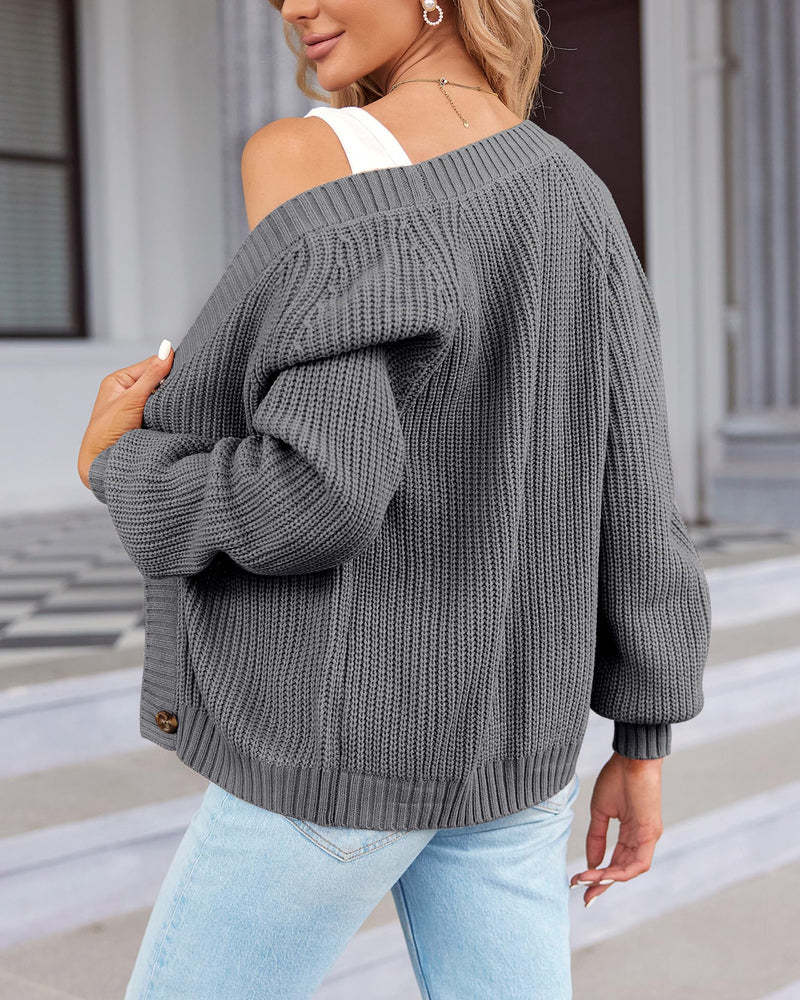 Zeagoo Women's 2023 Fall Chunky Knit Cardigans Open Front Long Sleeve V Neck Button Loose Cardigan Sweaters-tidenox