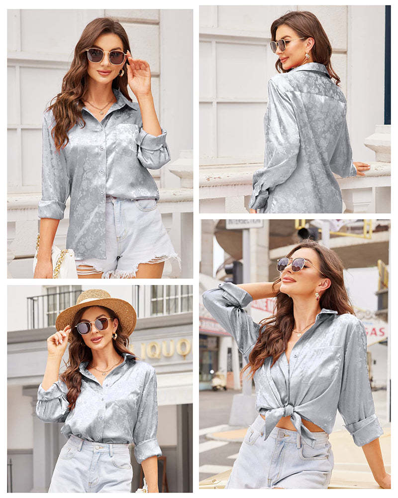 Satin Silk Shirt Floral Button Down Blouse - Zeagoo (Us Only)-tidenox