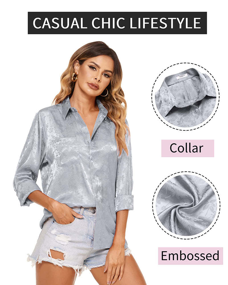 Satin Silk Shirt Floral Button Down Blouse - Zeagoo (Us Only)-tidenox