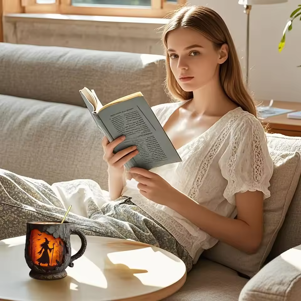 Handmade 3D Halloween Mug – Witch & Cat Design-tidenox