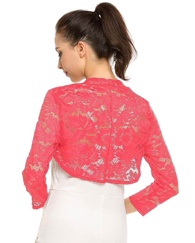 Women's 3 4 Sleeve Bolero Shrugs Crochet Lace Open Cardigan - Zeagoo (Us Only)-tidenox