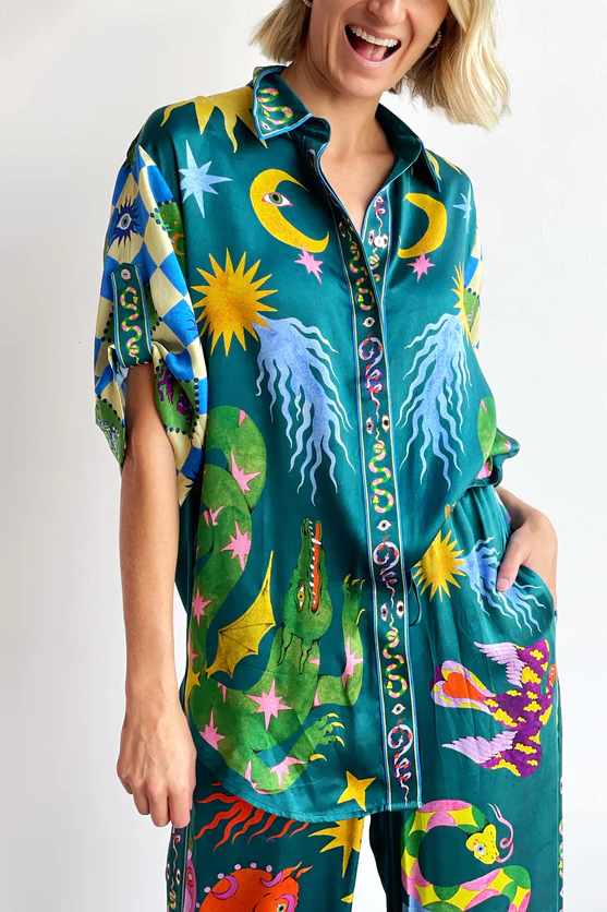 Beachy Chic Linen Blend Unique Print Button Down Oversized Blouse-tidenox