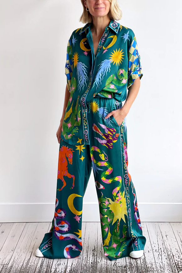 Pierson Linen Blend Unique Print Elastic Waist Pocketed Wide Leg Pants-tidenox